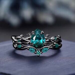 Teal Crystal Leaf Ring Set